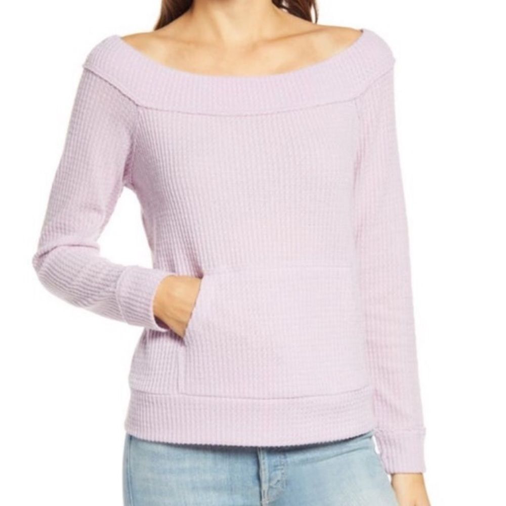 Gibsonlook Off Shoulder Lilac Waffle Knit Top Kangaroo Pocket NWT 2X